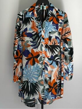 True Destinations Tropical Button-Up Swim Cover-up Orange Blue Medium Beach Chic